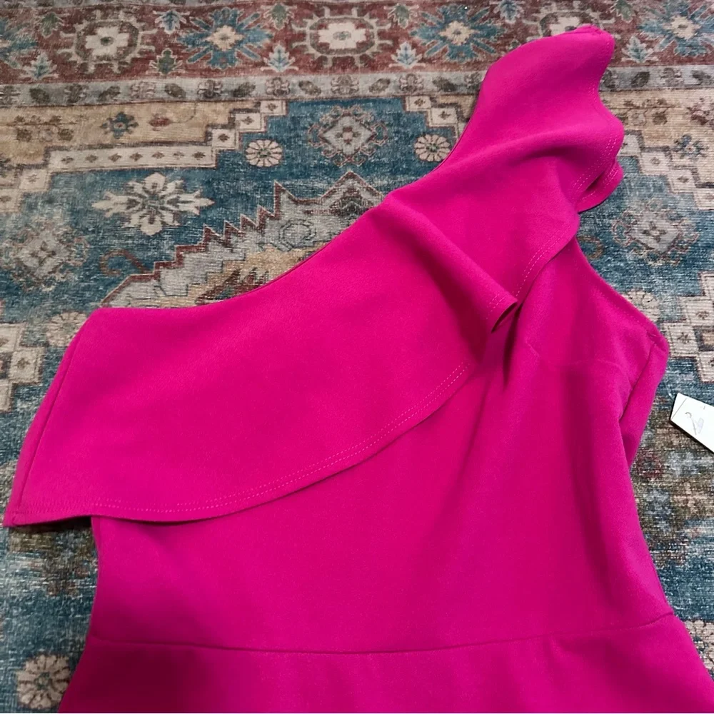 NWT AQUA• Pink Scuba Ruffled One-Shoulder Flounce Sheath Dress XS NEW $88 - Picture 5 of 9